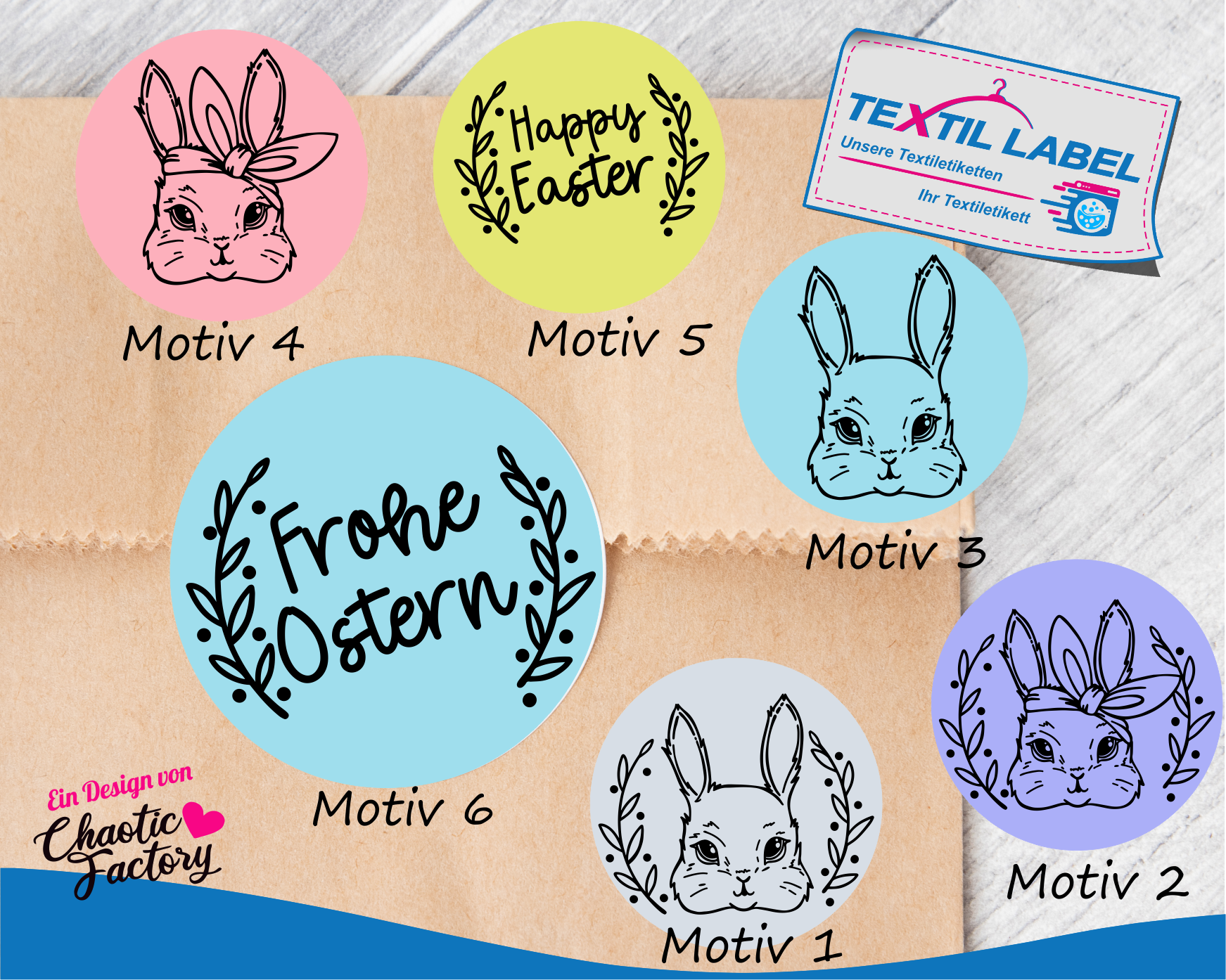 Aufkleber Frohe Oster, Happy Easter, Hasen rund Ø 5cm 1 Aufkleber Textil-Label Textiletiketten Ostern Verpackunsaufkleber