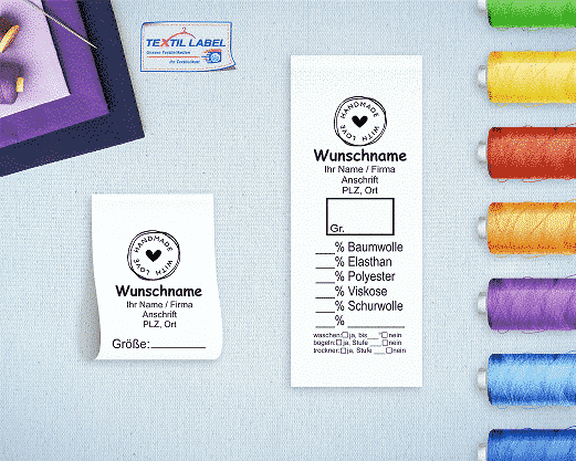 Gewerbe Textiletikette mit Wunschname und Handmademotive