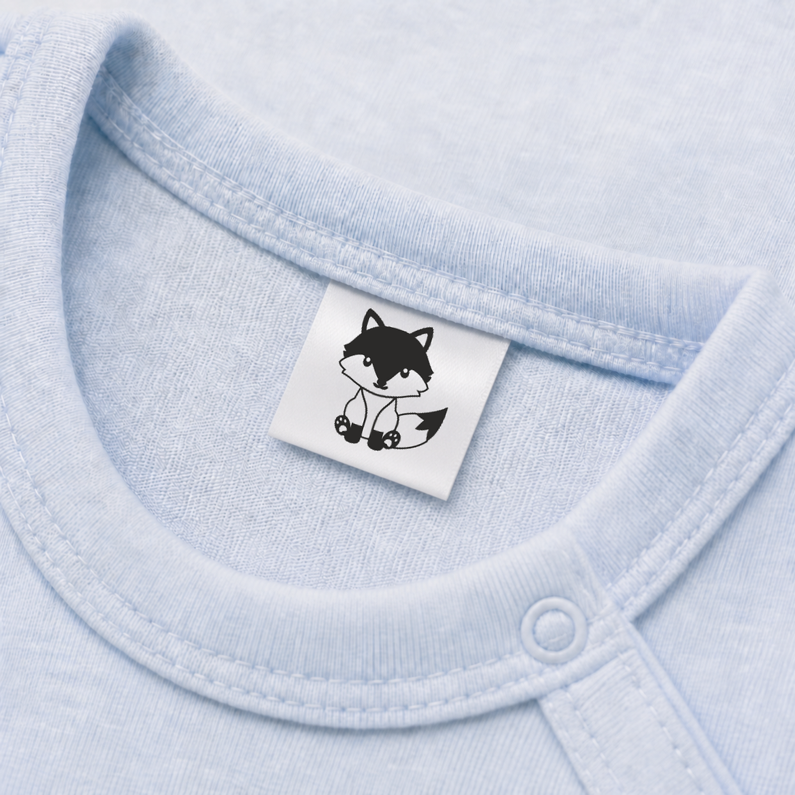 Textiletiketten für Größenbeschriftung mit Fuchs Motiv und Größenfeld Fuchs-sitzend 5 Eingenähtes Polyester-Satinetikett mit Motiv Fuchs – sitzend mit Pfoten in einem hellblauen Babybody