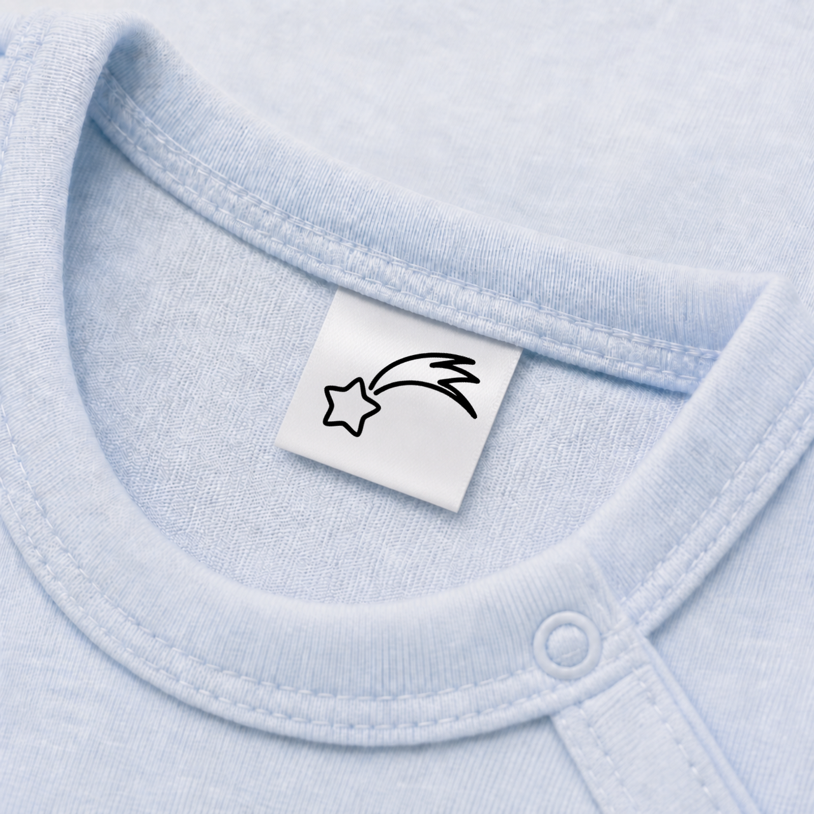 Textiletiketten für Größenbeschriftung mit Sternschnuppe Motiv und Größenfeld 5 Eingenähtes Polyester-Satinetikett mit Motiv Sternschnuppe in einem hellblauen Babybody