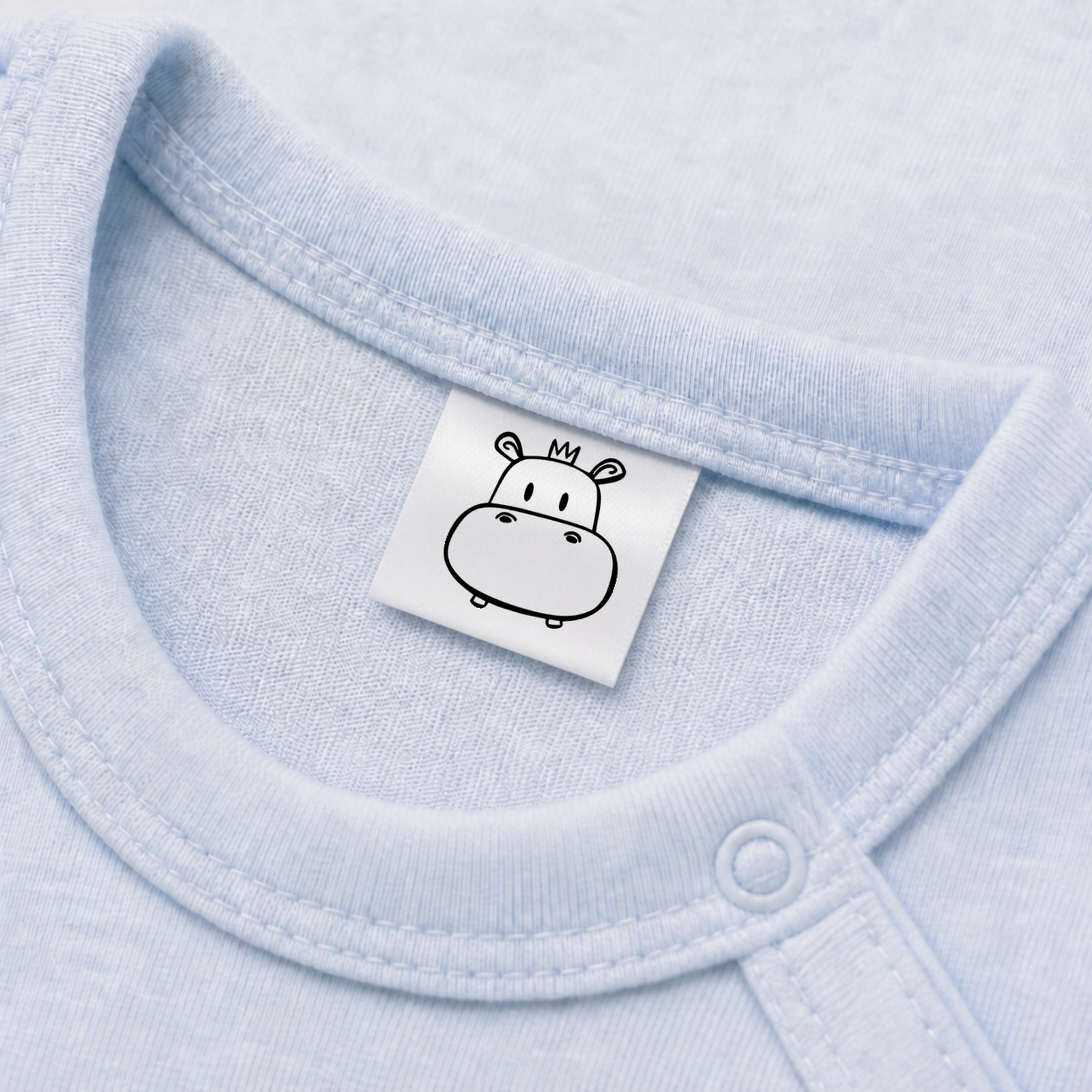 Textiletiketten mit Nilpferd Motiv zur Größenbeschriftung, Motiv von Näherei-Löwenjunges 5 Eingenähtes Polyester-Satinetikett mit Motiv Nilpferd in einem hellblauen Babybody