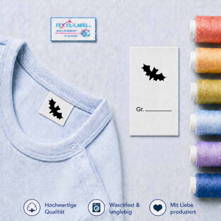 Textiletiketten mit Fledermaus Motiv zur Größenbeschriftung, Motiv