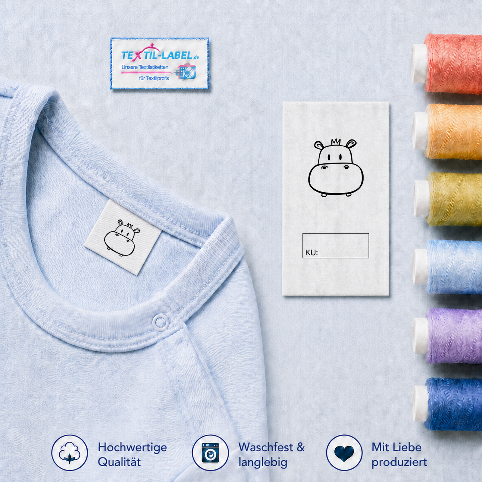 Textiletiketten mit Nilpferd Motiv zur Größenbeschriftung, Motiv von Näherei-Löwenjunges 3 Textiletiketten mit Nilpferd Motiv zur Größenbeschriftung, Motiv von Näherei-Löwenjunges · KU mit Kasten