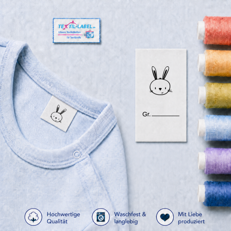 Textiletiketten mit Hasen Motiv zur Größenbeschriftung, Motiv von Näherei-Löwenjunges