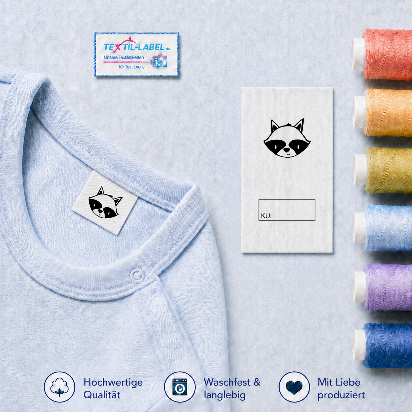 Textiletiketten mit Waschbär Motiv zur Größenbeschriftung, Motiv von Näherei-Löwenjunges 3 Textiletiketten mit Waschbär Motiv zur Größenbeschriftung, Motiv von Näherei-Löwenjunges · KU mit Kasten