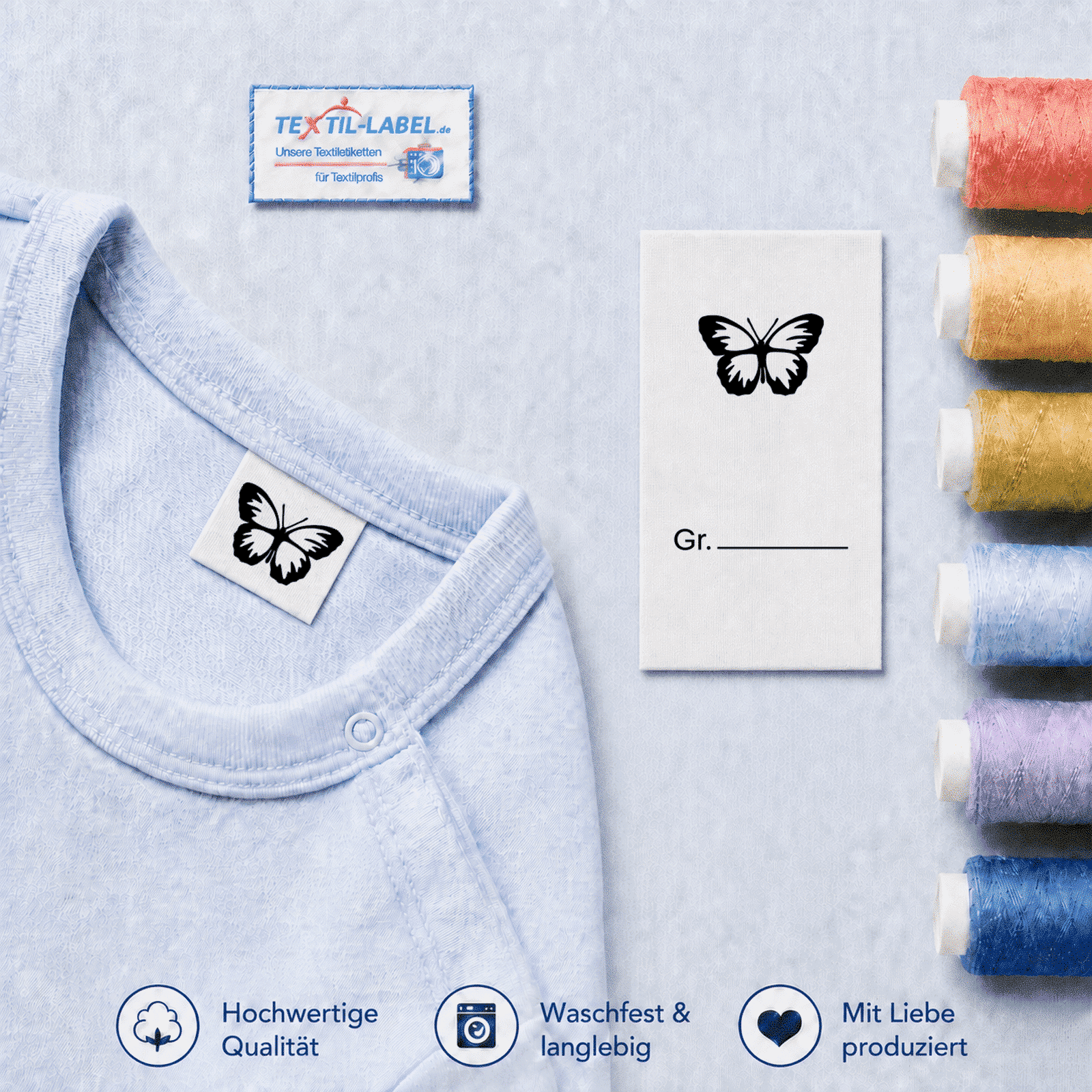 Textiletiketten für Größenbeschriftung mit Schmetterling Motiv und Größenfeld