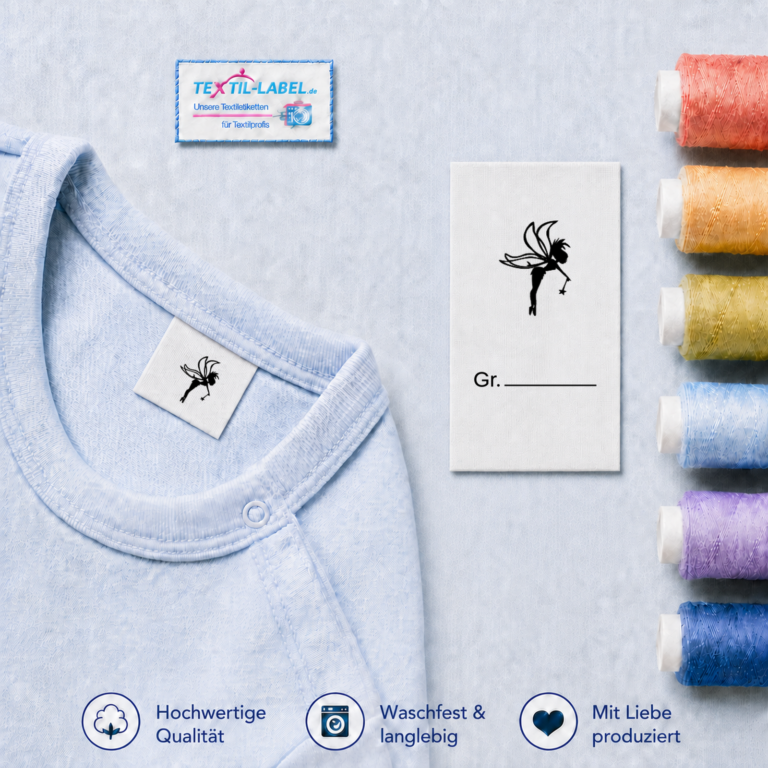 Textiletiketten für Größenbeschriftung mit Fee Motiv und Größenfeld