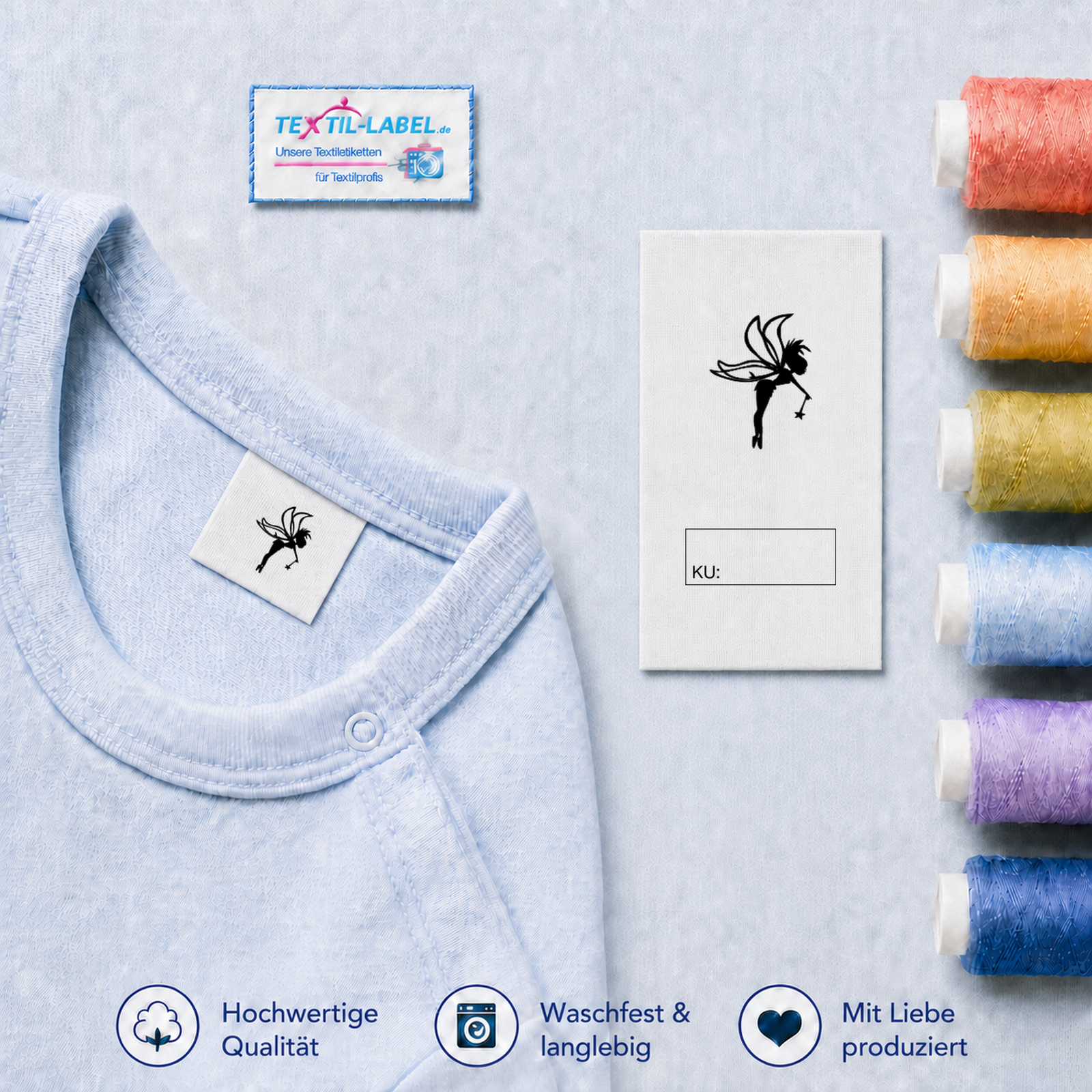 Textiletiketten für Größenbeschriftung mit Fee Motiv und Größenfeld 3 Textiletiketten für Größenbeschriftung mit Fee Motiv und Größenfeld · KU mit Kasten
