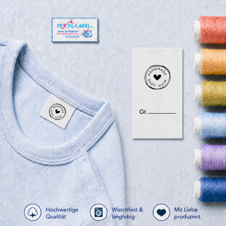 Textiletiketten Handmade with Love Herz-Rund