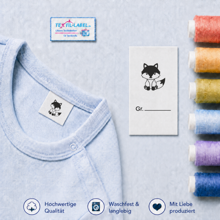 Textiletiketten für Größenbeschriftung mit Fuchs Motiv und Größenfeld Fuchs-sitzend