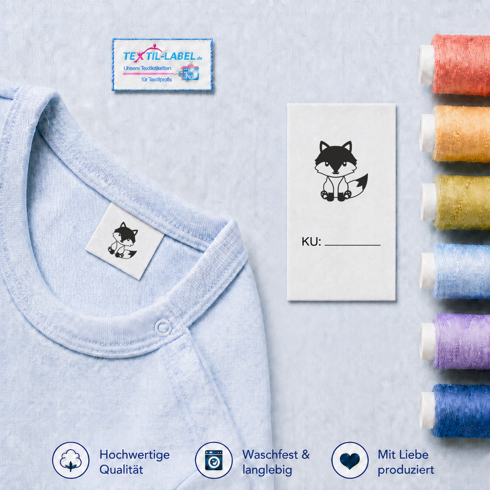 Textiletiketten für Größenbeschriftung mit Fuchs Motiv und Größenfeld Fuchs-sitzend 4 Textiletiketten für Größenbeschriftung mit Fuchs Motiv und Größenfeld Fuchs-sitzend · KU mit Linie