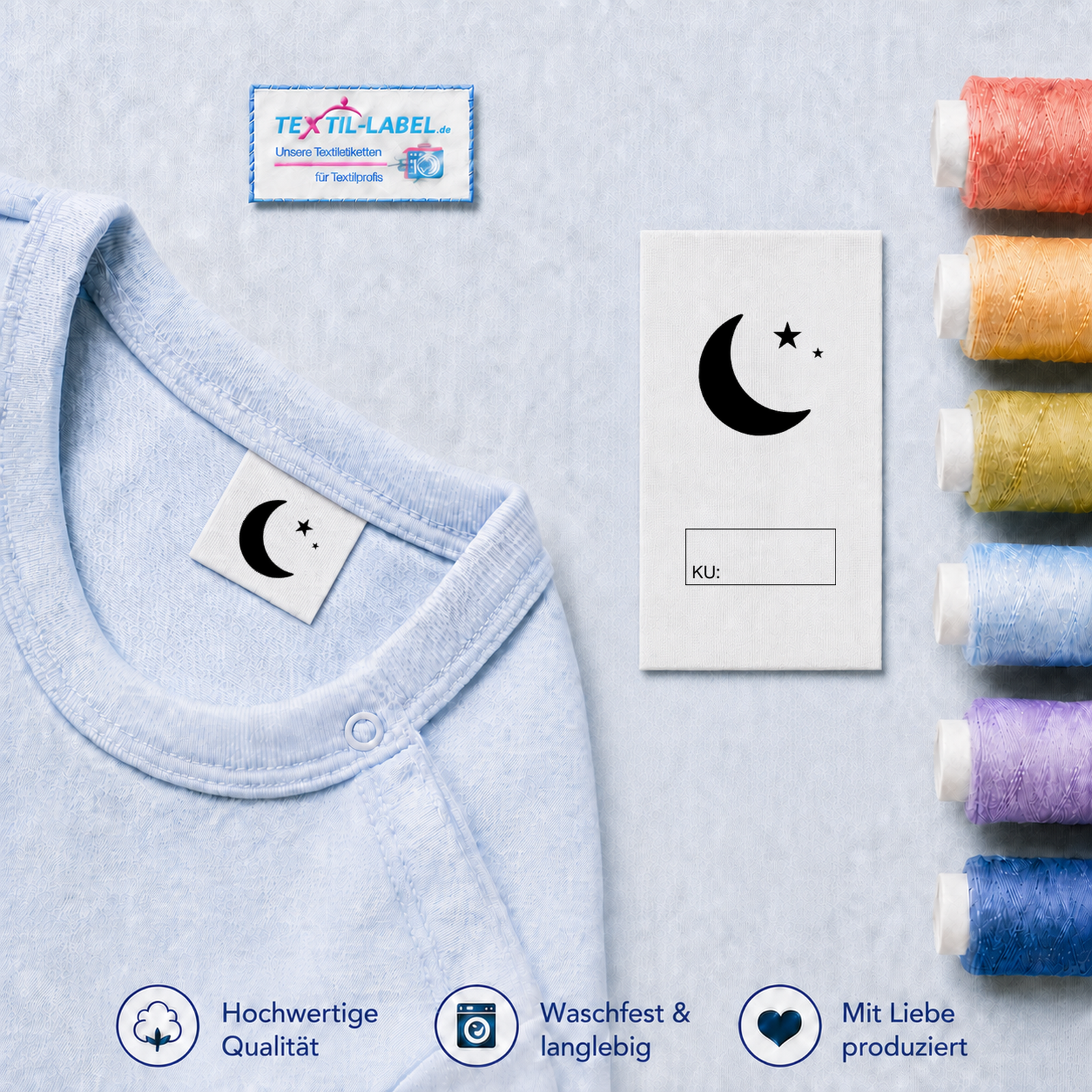 Textiletiketten für Größenbeschriftung mit Mond Motiv und Größenfeld 3 Textiletiketten für Größenbeschriftung mit Mond Motiv und Größenfeld · KU mit Kasten
