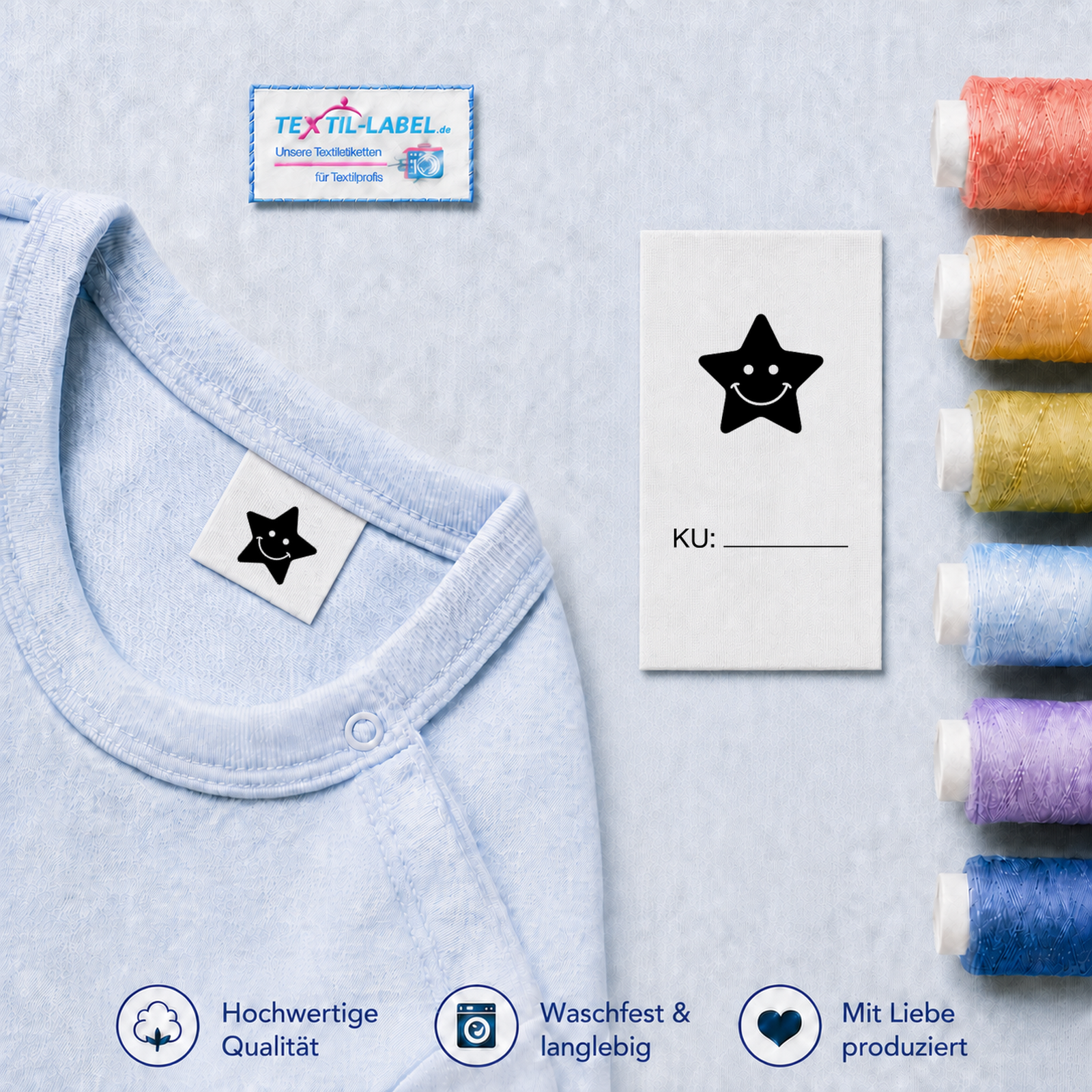 Textiletiketten mit Stern Motiv für Größenbeschriftung 4 Textiletiketten mit Stern Motiv für Größenbeschriftung · KU mit Linie