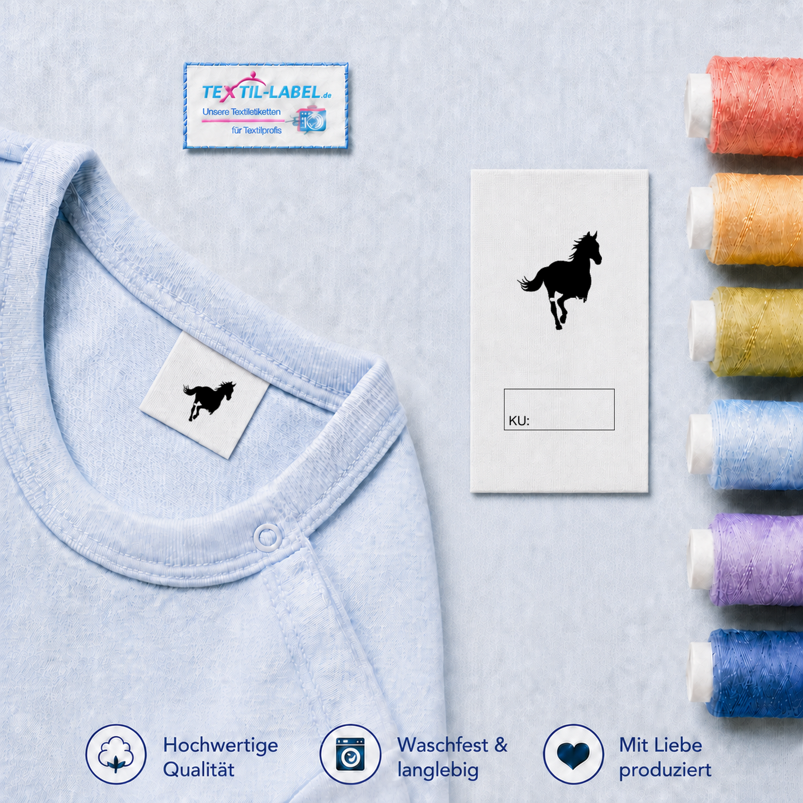 Textiletiketten mit Pferde Motiv zur Größenbeschriftung 3 Textiletiketten mit Pferde Motiv zur Größenbeschriftung · KU mit Kasten