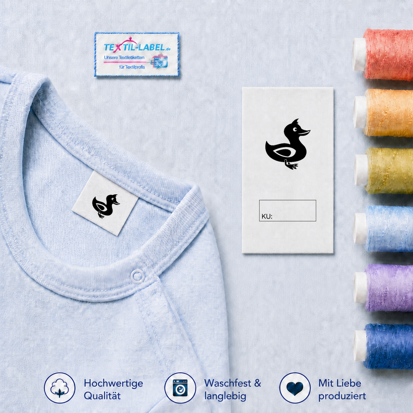 Textiletiketten für Größenbeschriftung mit Enten Motiv und Größenfeld 3 Textiletiketten für Größenbeschriftung mit Enten Motiv und Größenfeld · KU mit Kasten