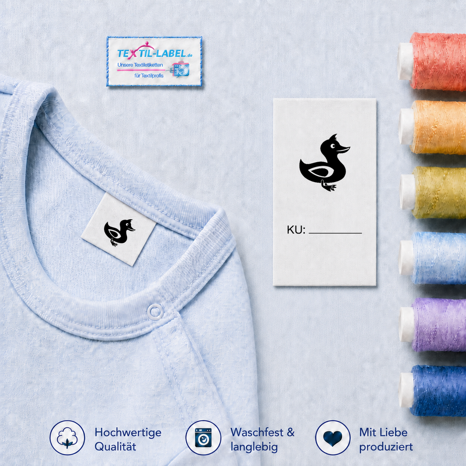 Textiletiketten für Größenbeschriftung mit Enten Motiv und Größenfeld 4 Textiletiketten für Größenbeschriftung mit Enten Motiv und Größenfeld · KU mit Linie