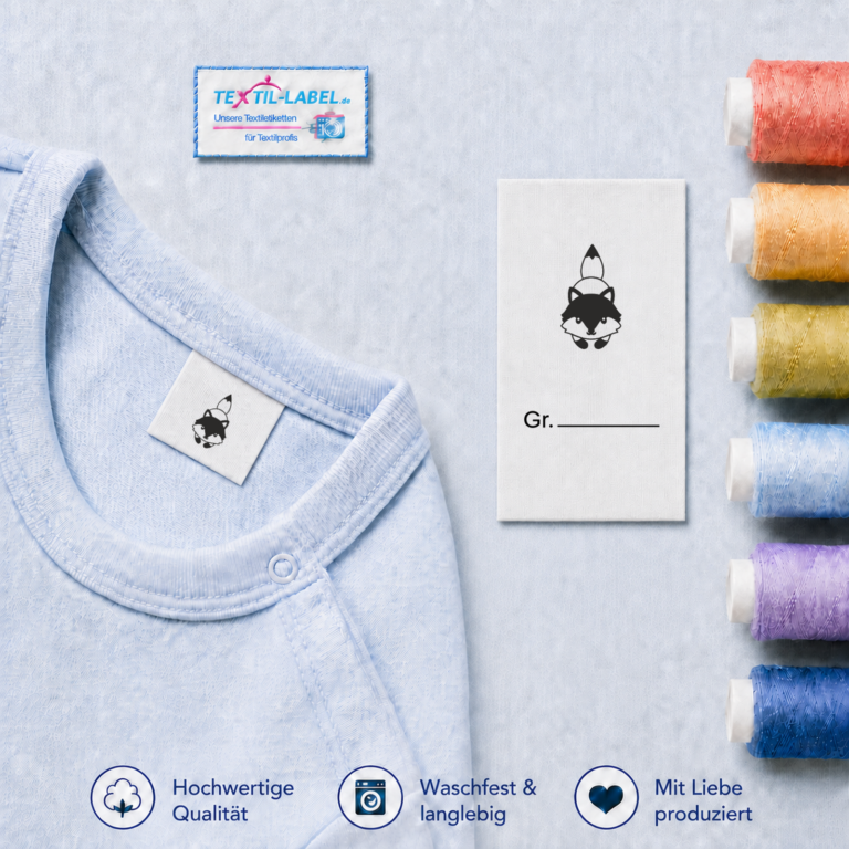 Textiletiketten für Größenbeschriftung Fuchs mit Motiv und Größenfeld