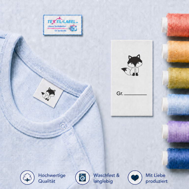 Textiletiketten für Größenbeschriftung mit Fuchs Motiv und Größenfeld Fuchs-platz