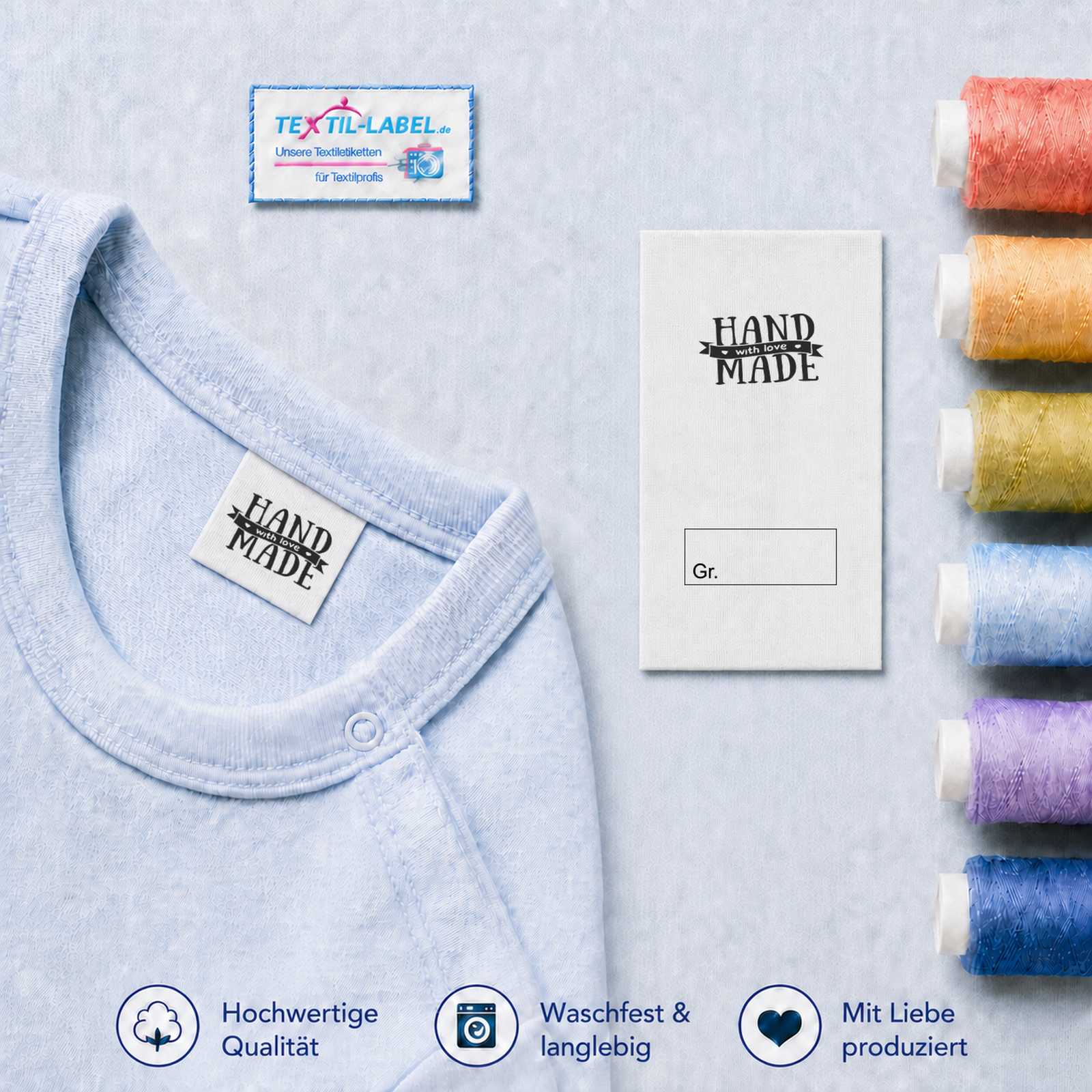 Textiletiketten Handmade with Love mit Fahne 1 Größenfeld: Kasten