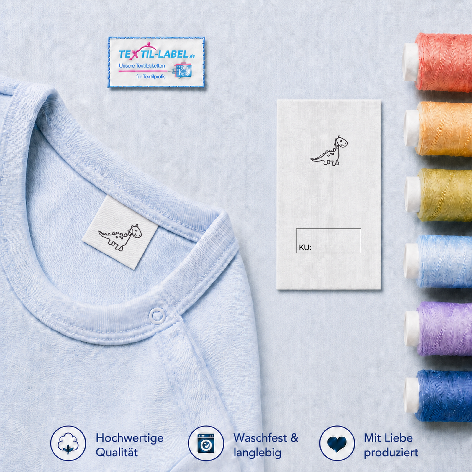 Textiletiketten mit Dino Brontosaurus Motiv zur Größenbeschriftung 3 Textiletiketten mit Dino Brontosaurus Motiv zur Größenbeschriftung · KU mit Kasten