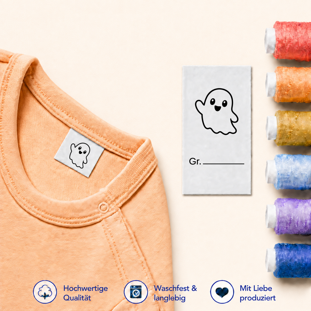 Halloween-Textiletiketten mit Größenfeld – 7 Motive 5 Gespenst · Gr. mit Linie