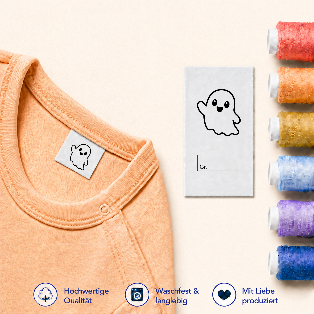 Halloween-Textiletiketten mit Größenfeld – 7 Motive 6 Gespenst · Gr. mit Kasten
