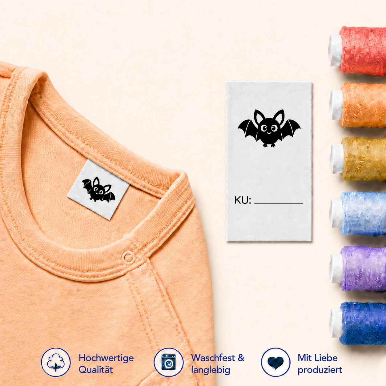 Halloween-Textiletiketten mit Größenfeld – 7 Motive 16 Fledermaus · KU mit Linie