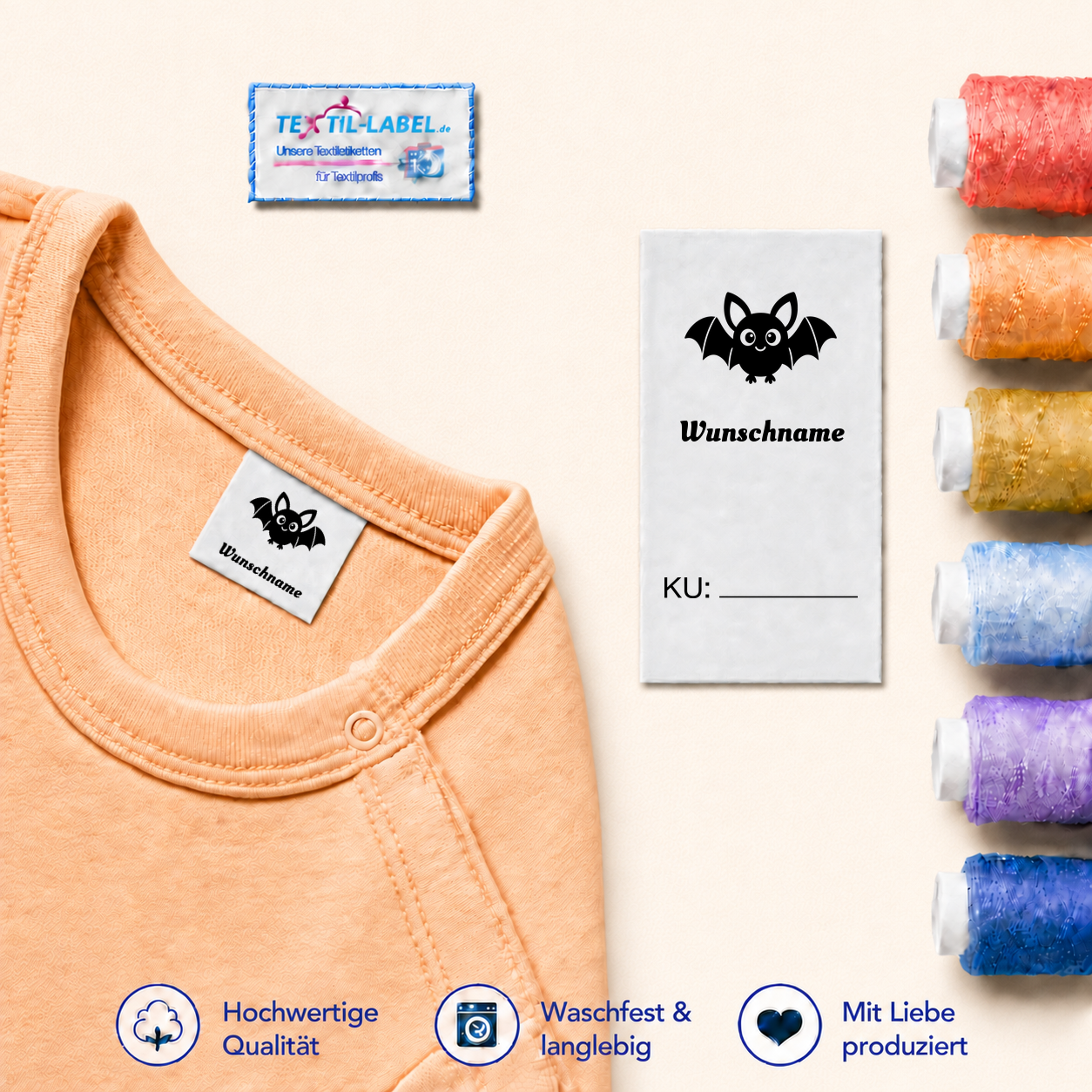 Halloween-Namensetiketten mit Wunschname und Größenfeld 12 Halloween-Namensetikett Fledermaus mit Wunschname und rückseitigem Größenfeld KU mit Linie