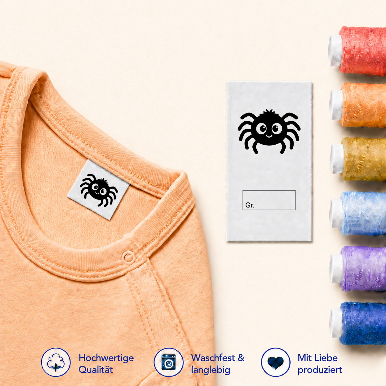 Halloween-Textiletiketten mit Größenfeld – 7 Motive 18 Spinne · Gr. mit Kasten