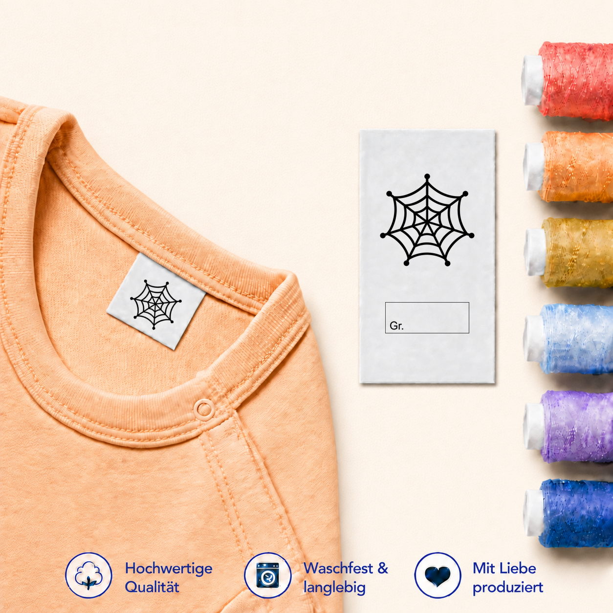 Halloween-Textiletiketten mit Größenfeld – 7 Motive 22 Spinnennetz · Gr. mit Kasten
