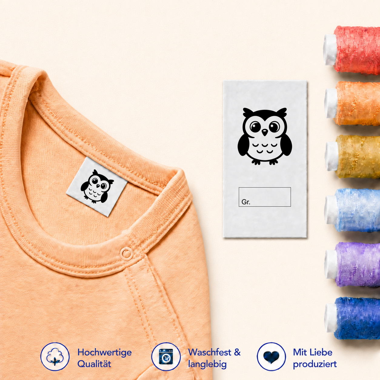 Halloween-Textiletiketten mit Größenfeld – 7 Motive 10 Eule · Gr. mit Kasten