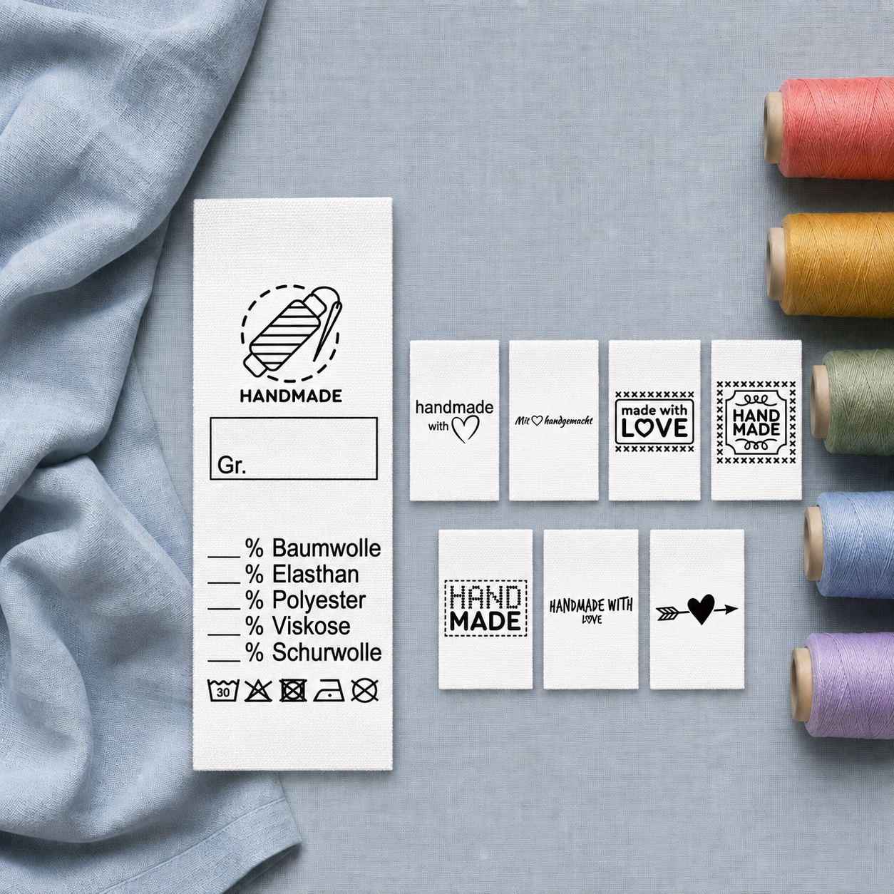 Handgemachte Textiletiketten: Musteretikett mit sieben Motiven
