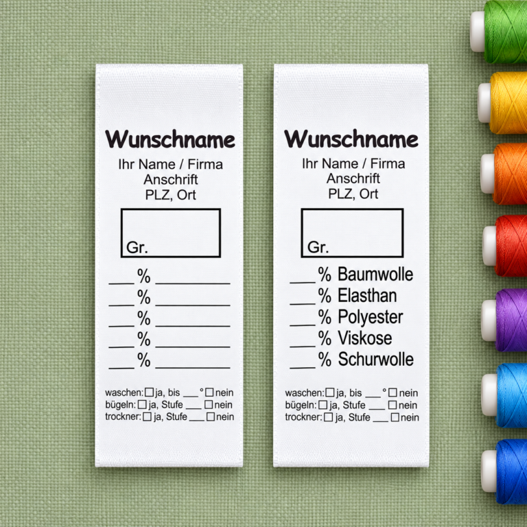 Gewerbe-Textiletiketten mit Wunschname, Materialangaben und Pflegefeldern