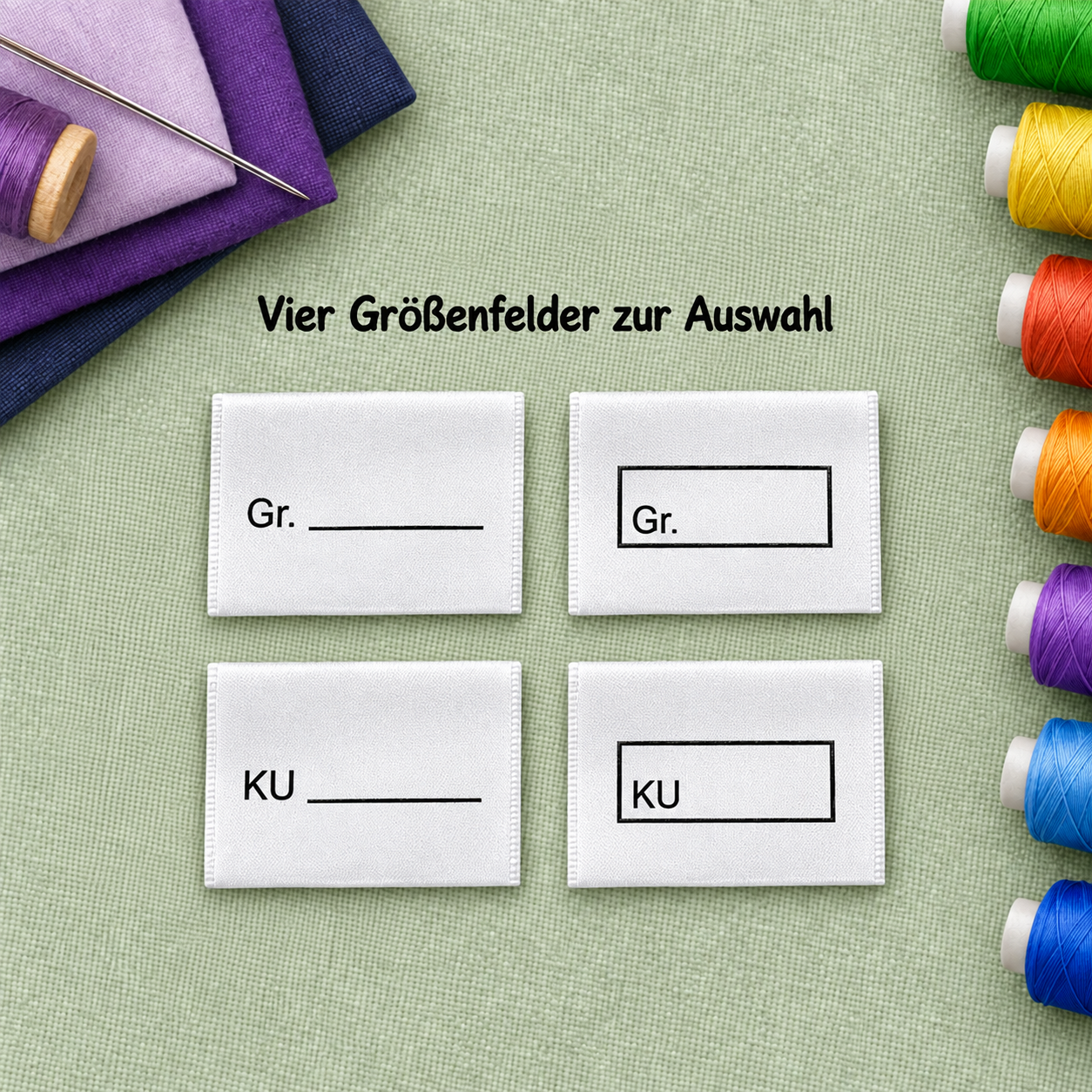 Gewerbe-Textiletiketten mit Wunschname, Materialangaben und Pflegefeldern 3 Größenfelder Gr. und KU mit Linie oder Kasten für Gewerbe-Textiletiketten