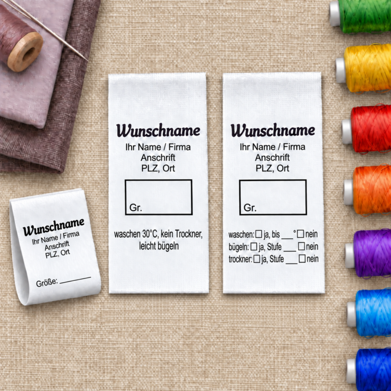 Gewerbe-Textiletiketten mit Wunschname und Pflegehinweisen auf champagnerfarbenem Stoff