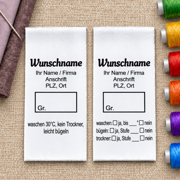 Gewerbe-Textiletiketten mit Wunschname und Pflegehinweisen