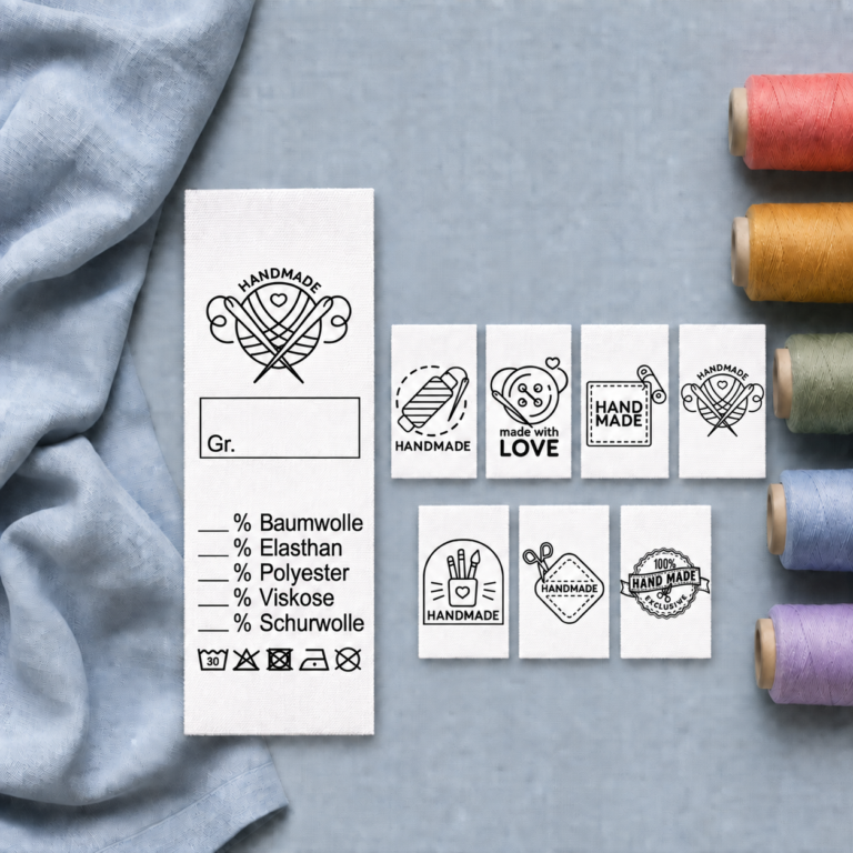 Handmade Wolle: ganzes Musteretikett mit sieben Motiven