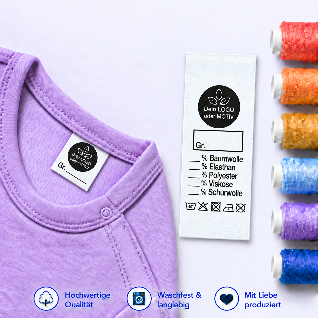 L001 Textiletiketten mit eigenem Logo und Größenfeld auf lila Babybody