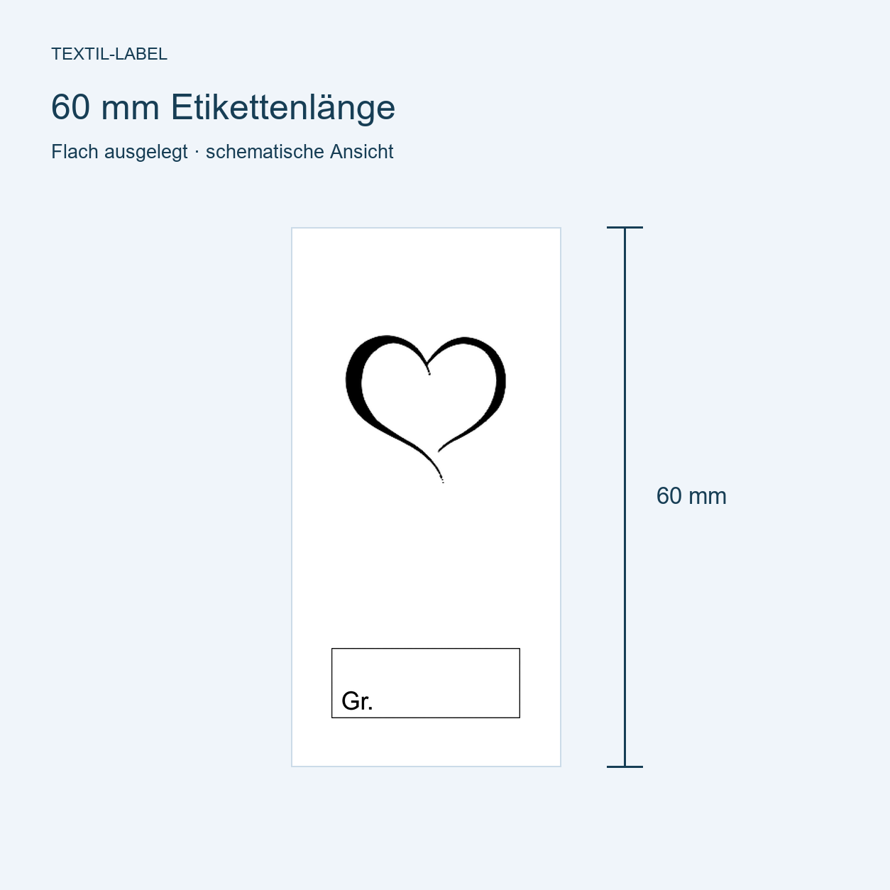 Textiletiketten Handmade with Love mit großem Herz 7 Längenübersicht 60 mm