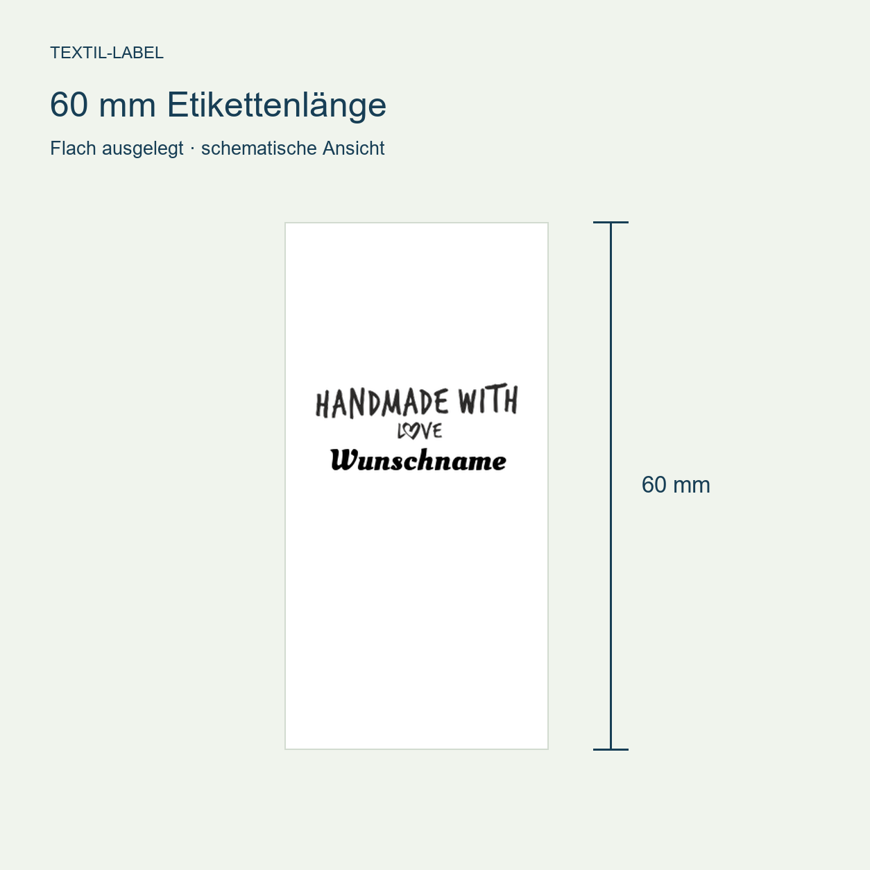 Individuelle Textiletiketten mit Handmade with Love Motiv und Wunschnamen Namensetiketten 4 Längenübersicht 60 mm