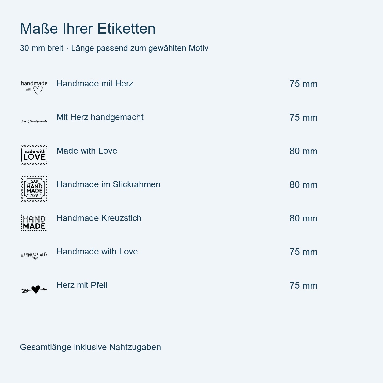 Textiletiketten Handgemacht universal, zum ausfüllen 4 Etikettenmaße