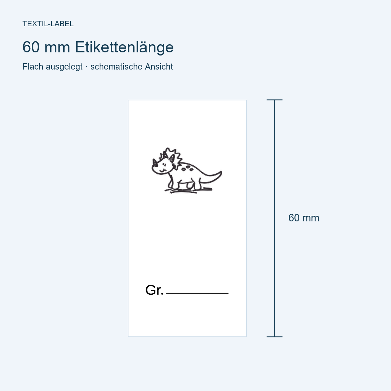 Textiletiketten mit Dino Triceratops Motiv zur Größenbeschriftung 7 Längenübersicht 60 mm