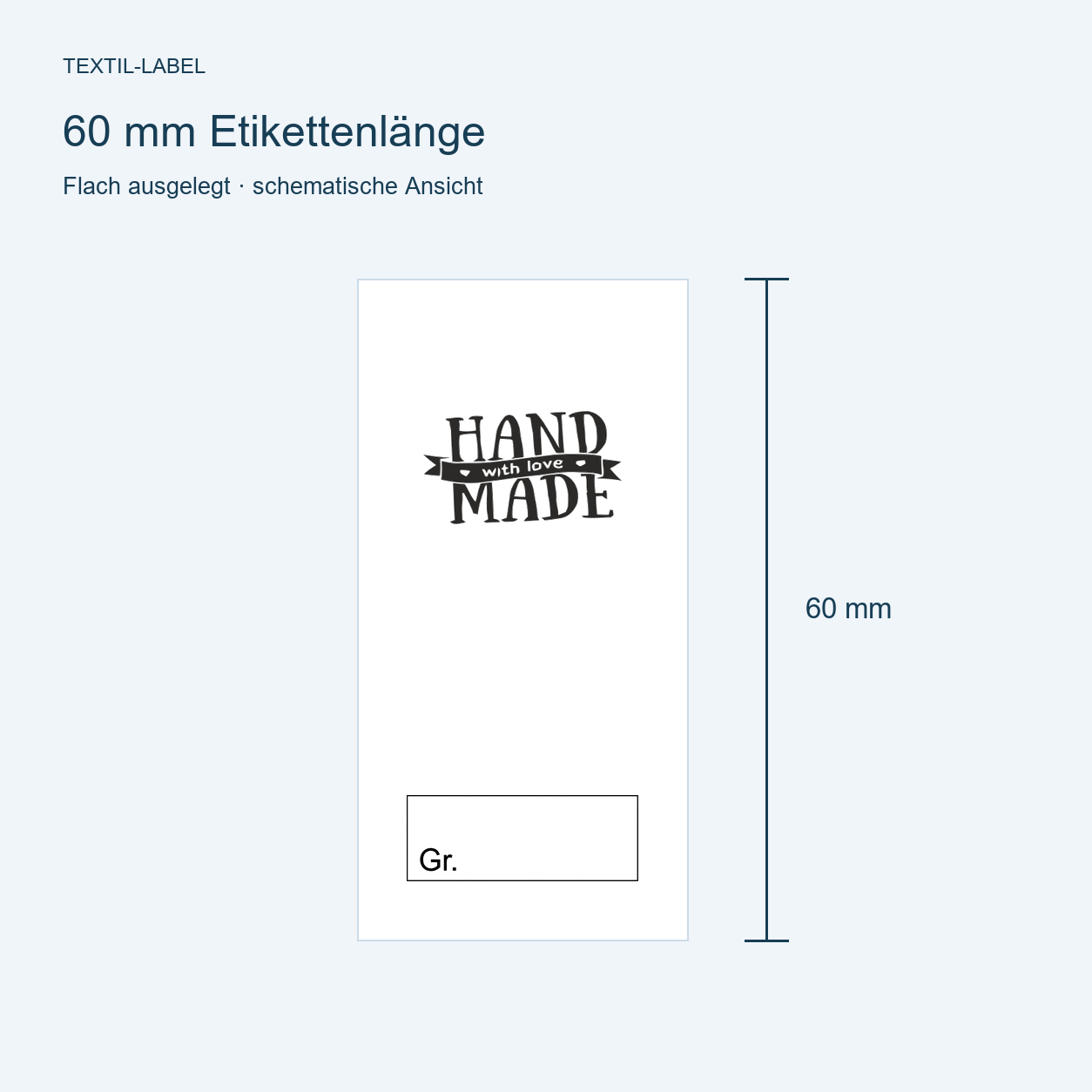 Textiletiketten Handmade with Love mit Fahne 7 Längenübersicht 60 mm