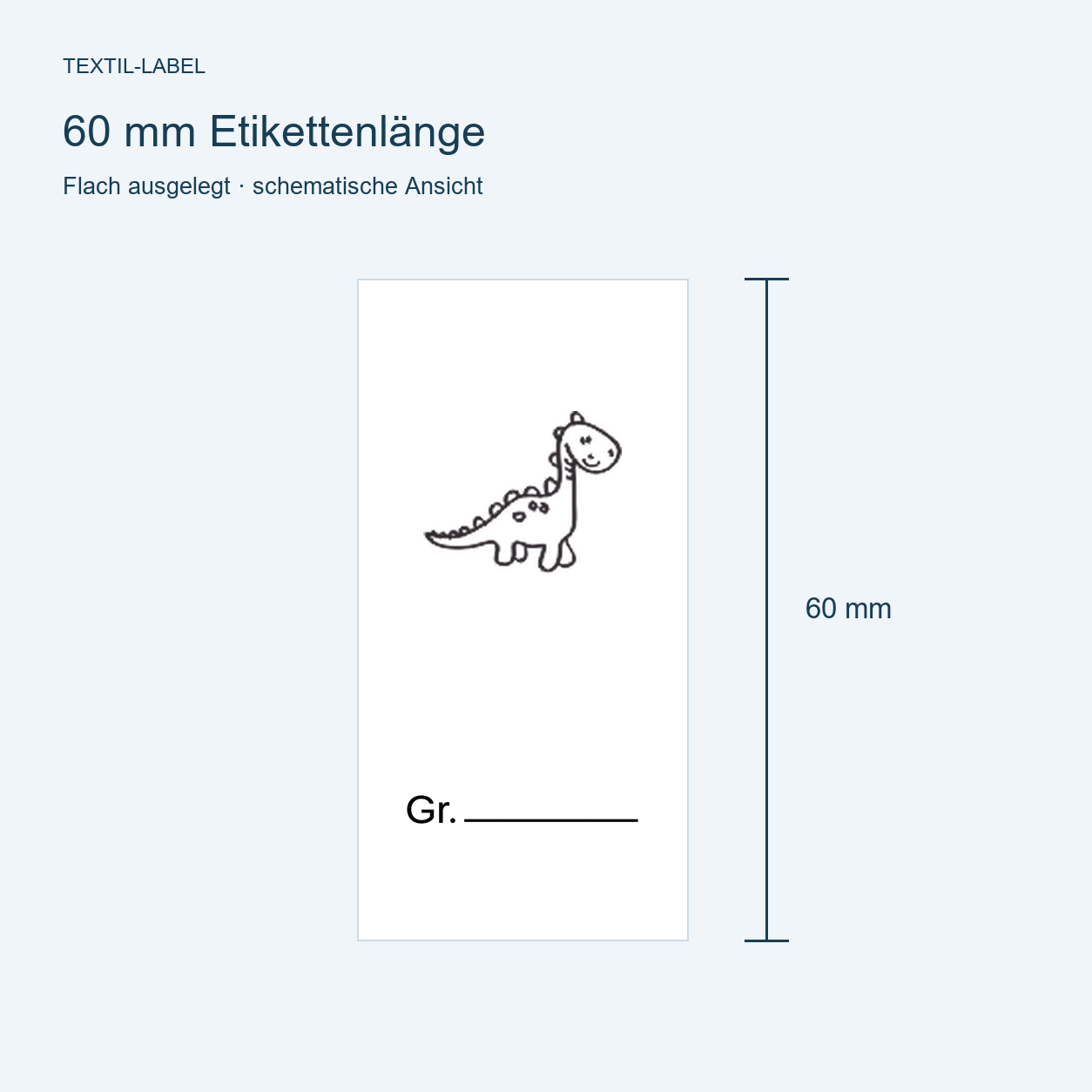 Textiletiketten mit Dino Brontosaurus Motiv zur Größenbeschriftung 7 Längenübersicht 60 mm