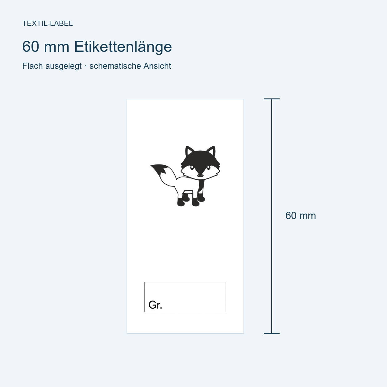 Textiletiketten für Größenbeschriftung mit Fuchs Motiv und Größenfeld Fuchs-stehend 7 Längenübersicht 60 mm