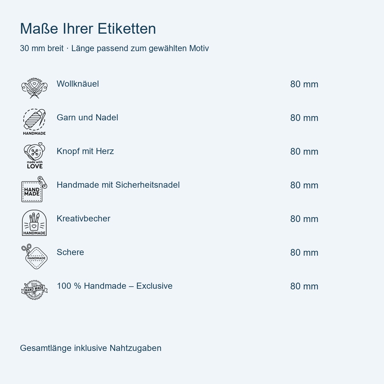 Textiletiketten Handmade Wolle universal, zum ausfüllen, Namensetiketten 4 Etikettenmaße