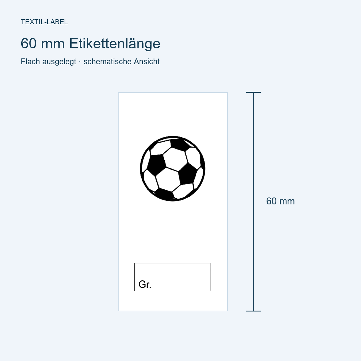 Textiletiketten für Größenbeschriftung mit Fußball Motiv und Größenfeld 7 Längenübersicht 60 mm