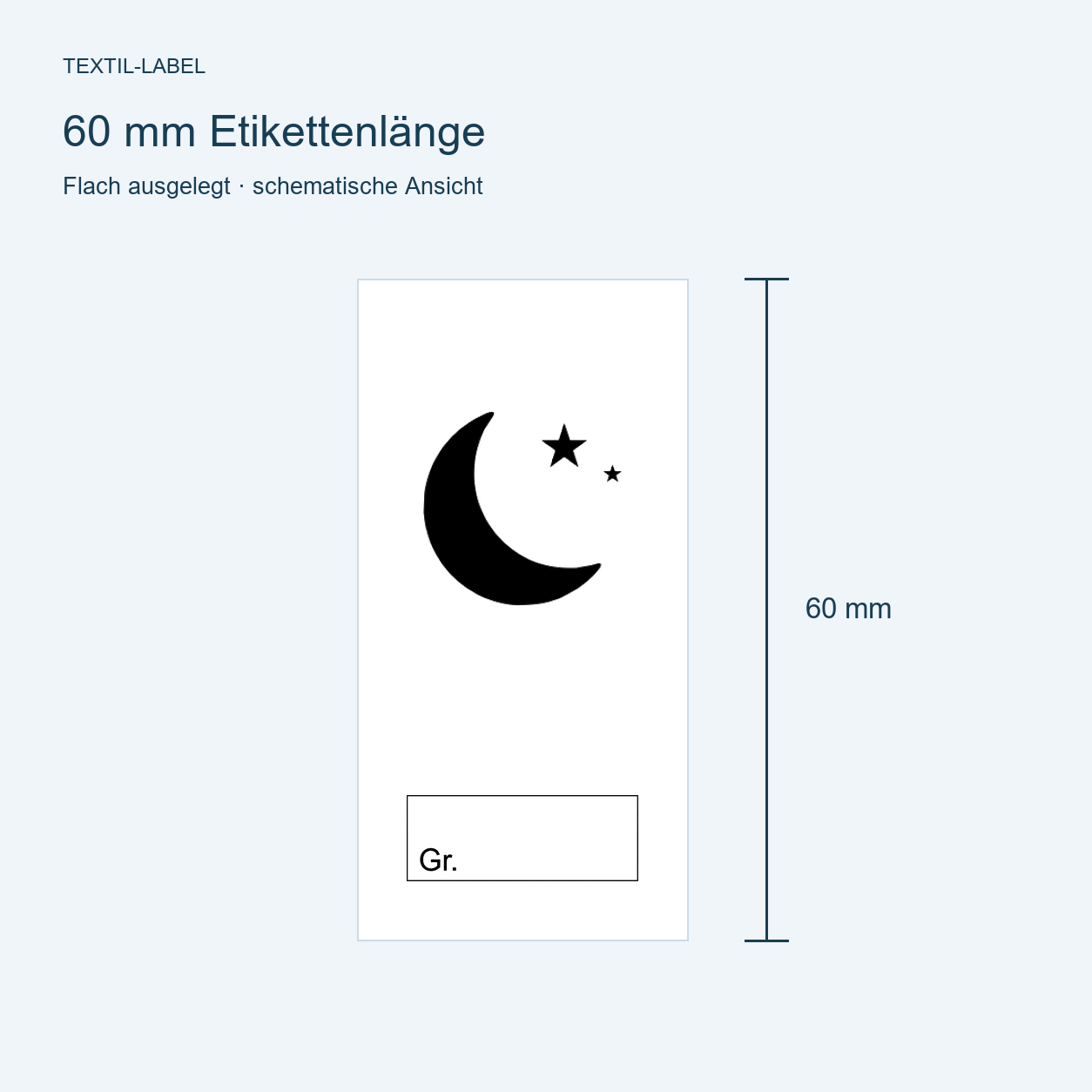 Textiletiketten für Größenbeschriftung mit Mond Motiv und Größenfeld 7 Längenübersicht 60 mm