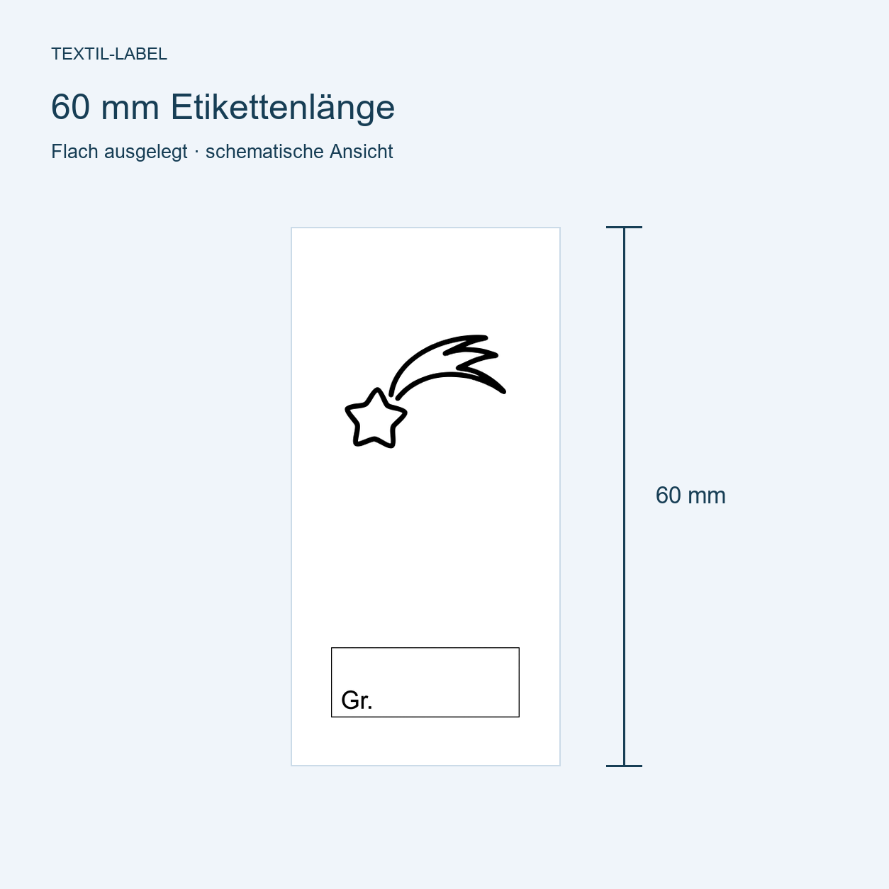 Textiletiketten für Größenbeschriftung mit Sternschnuppe Motiv und Größenfeld 7 Längenübersicht 60 mm