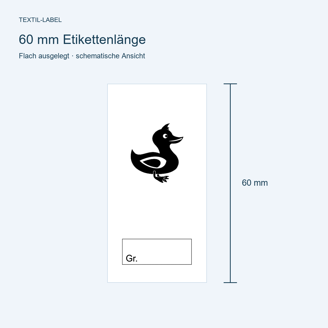 Textiletiketten für Größenbeschriftung mit Enten Motiv und Größenfeld 7 Längenübersicht 60 mm